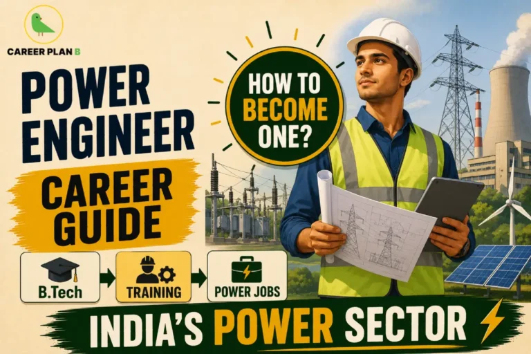 How to Become a Power Engineer in India – Complete Career Guide showing a high voltage engineer wearing a safety helmet and holding engineering blueprints while inspecting electricity transmission towers, power lines, and an electrical substation, highlighting skills, career scope, qualifications, and the power engineering career path in India.
