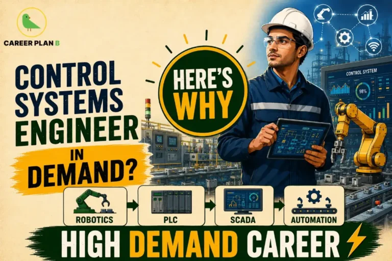 Control Systems Engineering Career in India – engineer wearing a safety helmet using a tablet in an automated factory with robotic arm, PLC, SCADA, automation systems, industrial control panels, and smart manufacturing equipment, explaining why control systems engineers are in demand in automation.