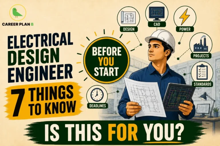 Electrical Design Engineer Career in India – 7 Things to Know Before Becoming an Electrical Design Engineer featuring an engineer wearing a safety helmet holding electrical drawings and a tablet, with CAD design, electrical schematics, power systems, project standards, deadlines, and industrial design concepts.