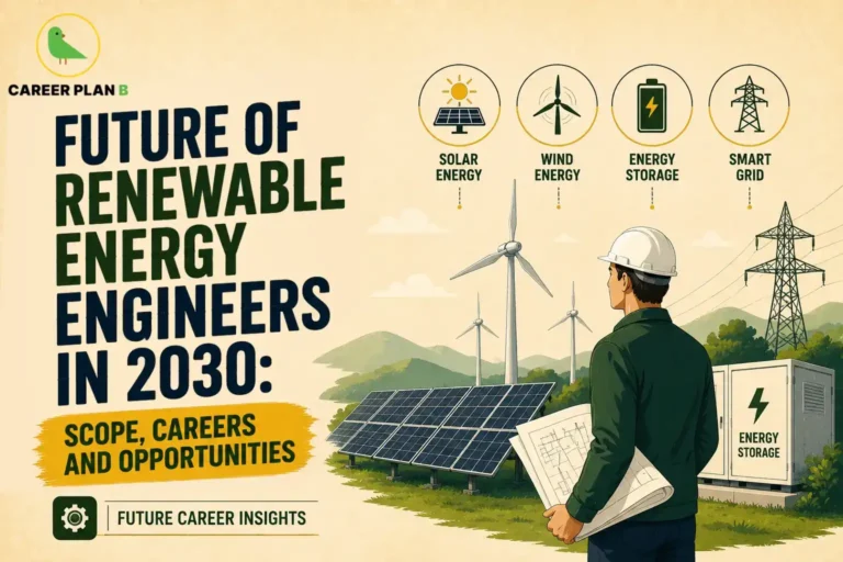 Renewable Energy Engineer Career in India – Future of Renewable Energy Engineers featuring an engineer holding engineering blueprints at a renewable energy site with solar panels, wind turbines, energy storage system, smart grid transmission towers, and icons for solar energy, wind energy, battery storage, and power infrastructure.