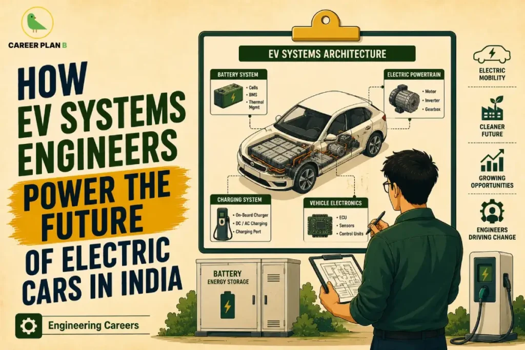 EV Systems Engineer Career in India – infographic showing EV systems architecture with an electric car, battery management system (BMS), electric powertrain, charging system, vehicle electronics, battery energy storage, EV charging station, and an engineer designing electric vehicle systems for the future of electric cars in India.