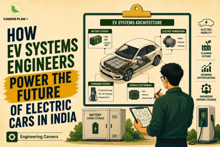 EV Systems Engineer Career in India – infographic showing EV systems architecture with an electric car, battery management system (BMS), electric powertrain, charging system, vehicle electronics, battery energy storage, EV charging station, and an engineer designing electric vehicle systems for the future of electric cars in India.
