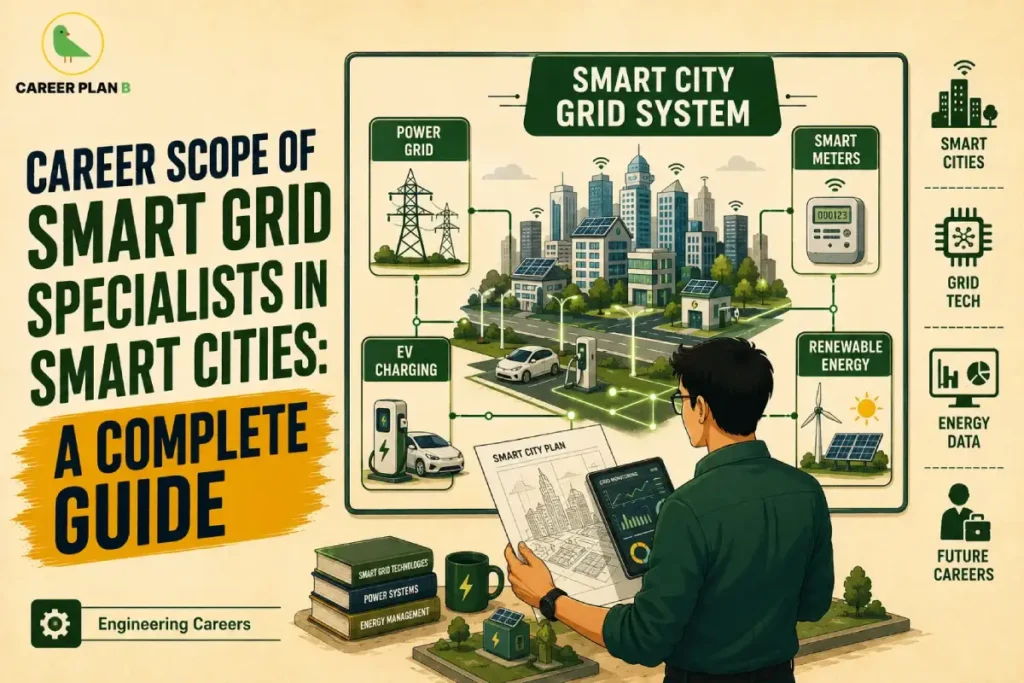 Smart Grid Specialist Career in India – infographic showing a smart city grid system with power grid, smart meters, EV charging stations, renewable energy, energy data, smart city planning, and an engineer managing smart grid technologies for future careers in smart cities.