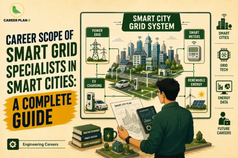 Smart Grid Specialist Career in India – infographic showing a smart city grid system with power grid, smart meters, EV charging stations, renewable energy, energy data, smart city planning, and an engineer managing smart grid technologies for future careers in smart cities.