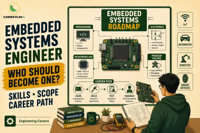 Embedded Systems Engineer Career in India – infographic showing an embedded systems roadmap with C/C++ programming, Python, embedded OS, microcontrollers (ARM/RISC-V), electronics, sensors, problem-solving, career path, IoT, automotive, robotics, smart devices, and an engineer developing embedded hardware and firmware solutions.