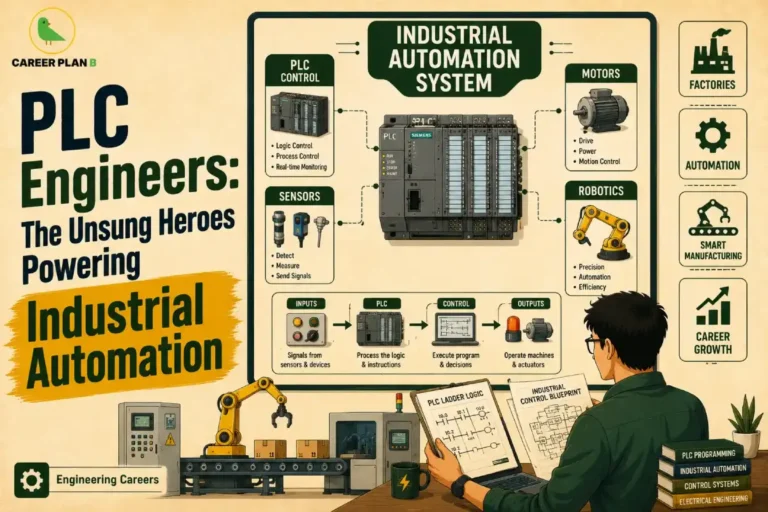 PLC Engineers infographic showing industrial automation system with PLC programming, PLC control, sensors, motors, robotics, SCADA, control systems, manufacturing automation, and industrial automation career path.