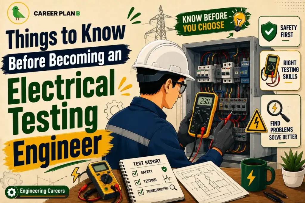 Electrical Testing Engineer inspecting an electrical control panel using a digital multimeter, highlighting electrical testing, safety procedures, troubleshooting, test reports, engineering skills, and electrical testing engineer career.