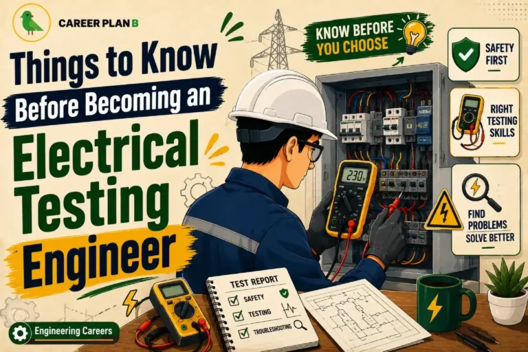 Electrical Testing Engineer inspecting an electrical control panel using a digital multimeter, highlighting electrical testing, safety procedures, troubleshooting, test reports, engineering skills, and electrical testing engineer career.