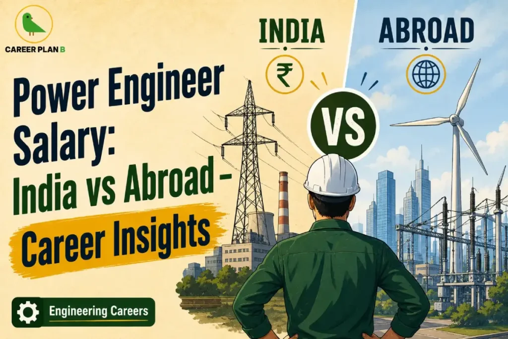 Power Engineer Salary infographic comparing India vs Abroad, showing power plants, transmission lines, wind turbines, electrical infrastructure, engineering careers, international salary comparison, and career growth opportunities.
