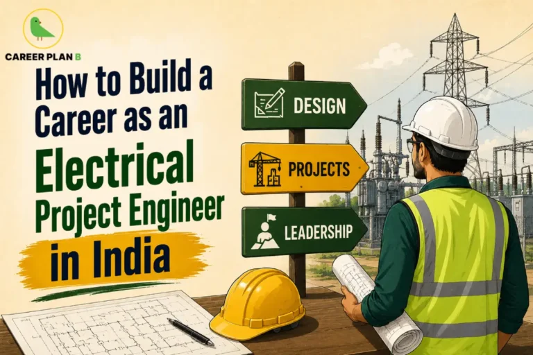 Build a Career as an Electrical Project Engineer showing an engineer at a power substation with design, project management, leadership signboards, electrical drawings, safety helmet, and transmission towers.