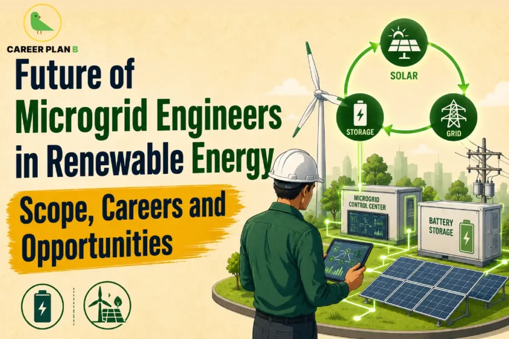 Future of Microgrid Engineers in Renewable Energy showing an engineer monitoring a microgrid control center with solar panels, wind turbine, battery storage, smart grid, renewable energy flow diagram, and energy management system.