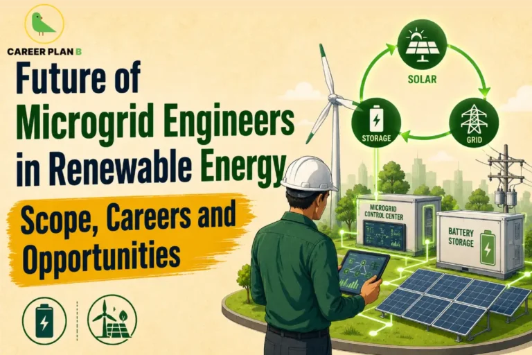 Future of Microgrid Engineers in Renewable Energy showing an engineer monitoring a microgrid control center with solar panels, wind turbine, battery storage, smart grid, renewable energy flow diagram, and energy management system.