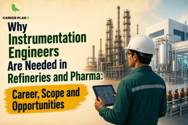 Instrumentation Engineers Needed in Refineries and Pharma showing an engineer monitoring industrial process controls with a tablet inside a refinery and pharmaceutical plant featuring pipelines, processing units, storage tanks, and production equipment.