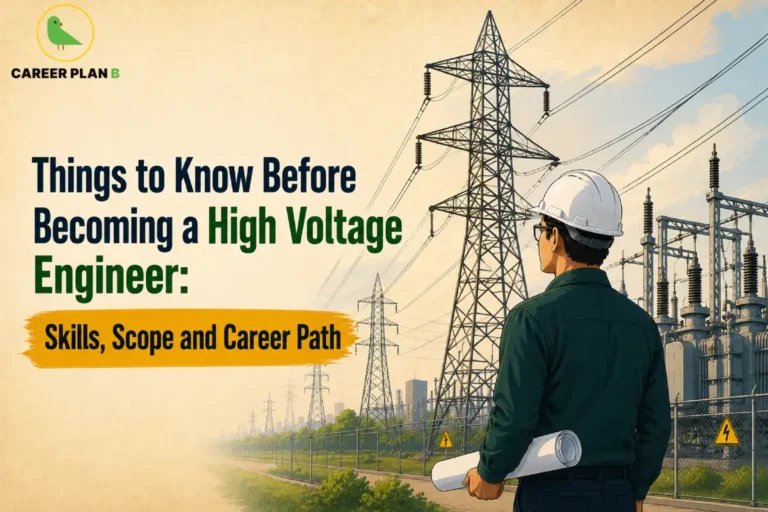 Things to Know Before Becoming a High Voltage Engineer depicting a high voltage engineer in PPE inspecting transmission towers, electrical substations, switchyard equipment, overhead power lines, and engineering blueprints in a power transmission facility.