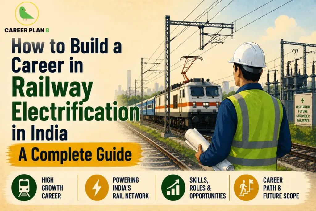 Build a Career in Railway Electrification showing a railway electrification engineer inspecting overhead transmission lines, traction power infrastructure, substations, electrical equipment, and railway overhead equipment (OHE) while holding engineering blueprints in India.