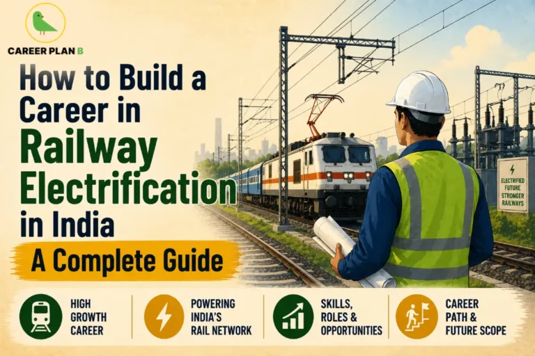 Build a Career in Railway Electrification showing a railway electrification engineer inspecting overhead transmission lines, traction power infrastructure, substations, electrical equipment, and railway overhead equipment (OHE) while holding engineering blueprints in India.