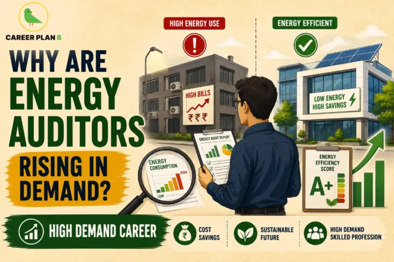 Energy Auditors image with the title "Why Are Energy Auditors Rising in Demand?" showing an engineer reviewing an energy audit report, comparing a high-energy-use building with an energy-efficient building featuring solar panels, energy efficiency ratings, cost savings, and sustainable energy solutions.