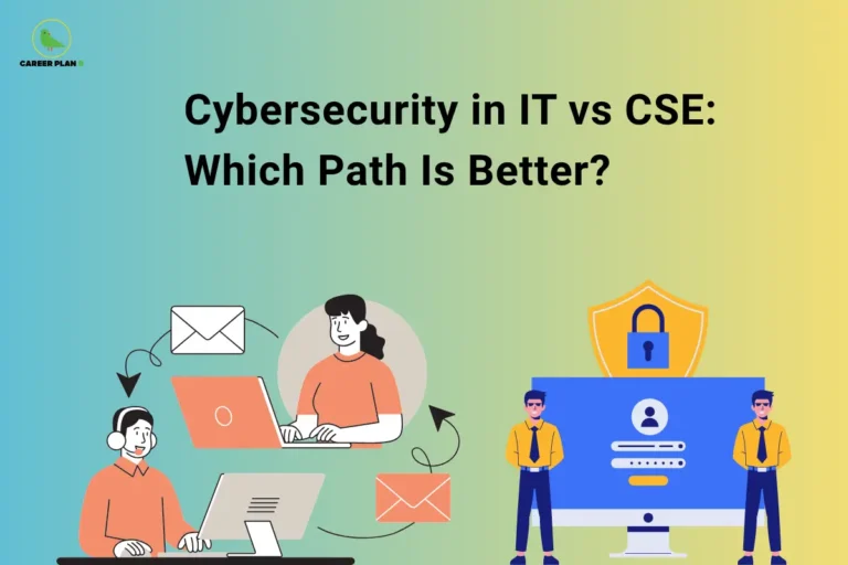 Graphic illustration of tech professionals working near a secure login screen with the Career Plan B logo.