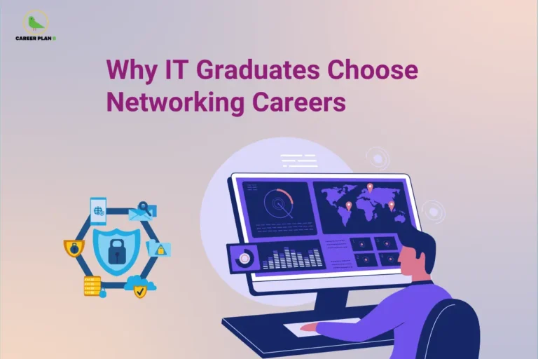 An illustration about networking careers showing a person monitoring data on a monitor with the Career Plan B logo.