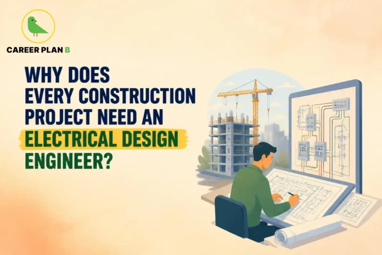 Electrical design engineer in construction reviews building plans beside electrical diagrams, with Career Plan B branding.