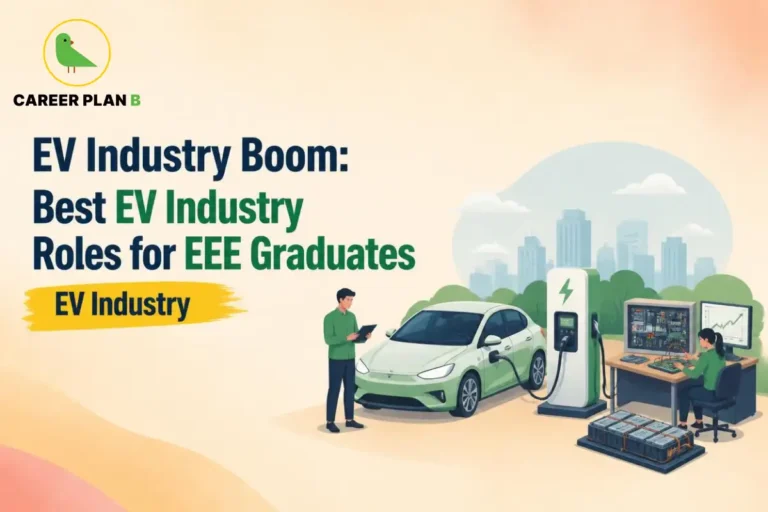 EV industry roles for EEE graduates illustrated with an electric car, charging station, battery system and engineering workstation.