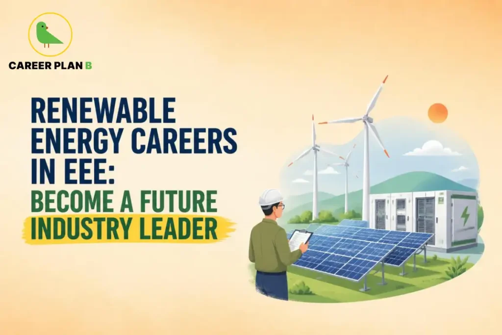 Renewable energy careers in EEE illustrated with solar panels, wind turbines and an engineer monitoring energy systems.