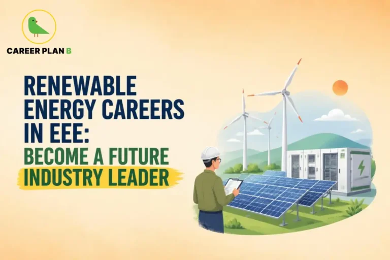 Renewable energy careers in EEE illustrated with solar panels, wind turbines and an engineer monitoring energy systems.