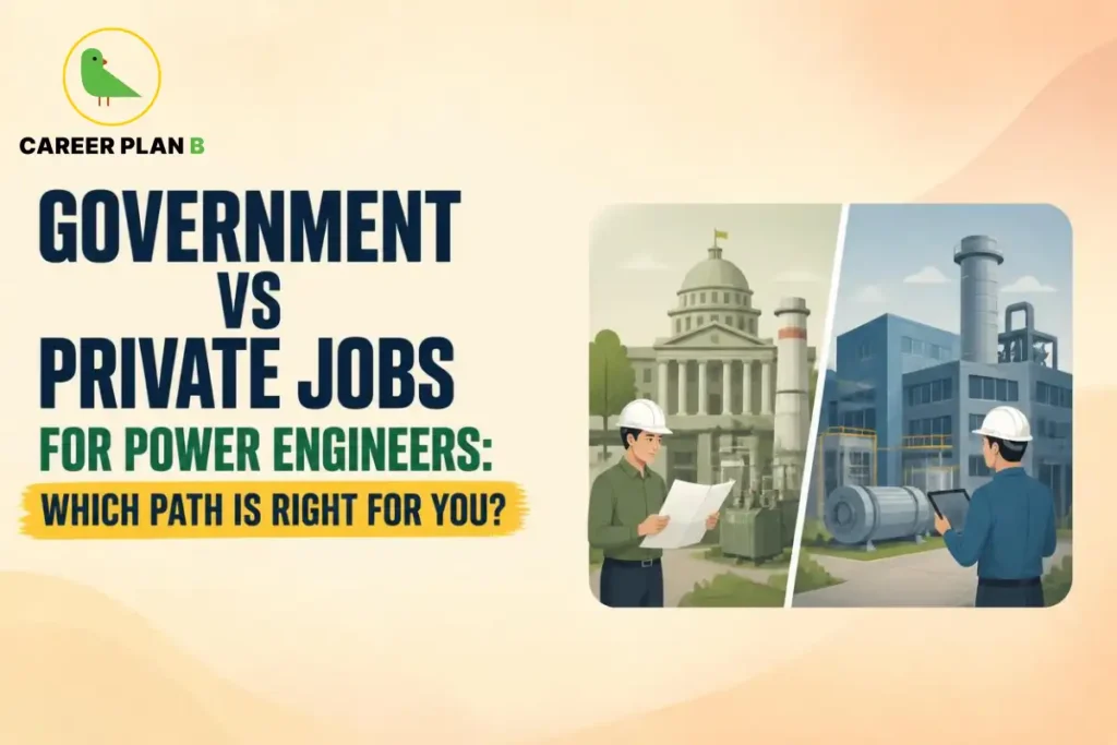 Government vs private jobs for power engineers illustrated with engineers working at government and industrial power facilities.