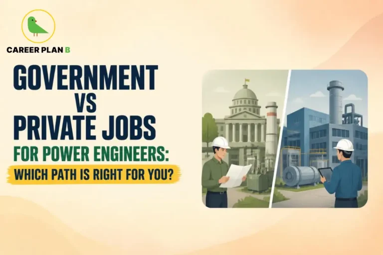 Government vs private jobs for power engineers illustrated with engineers working at government and industrial power facilities.