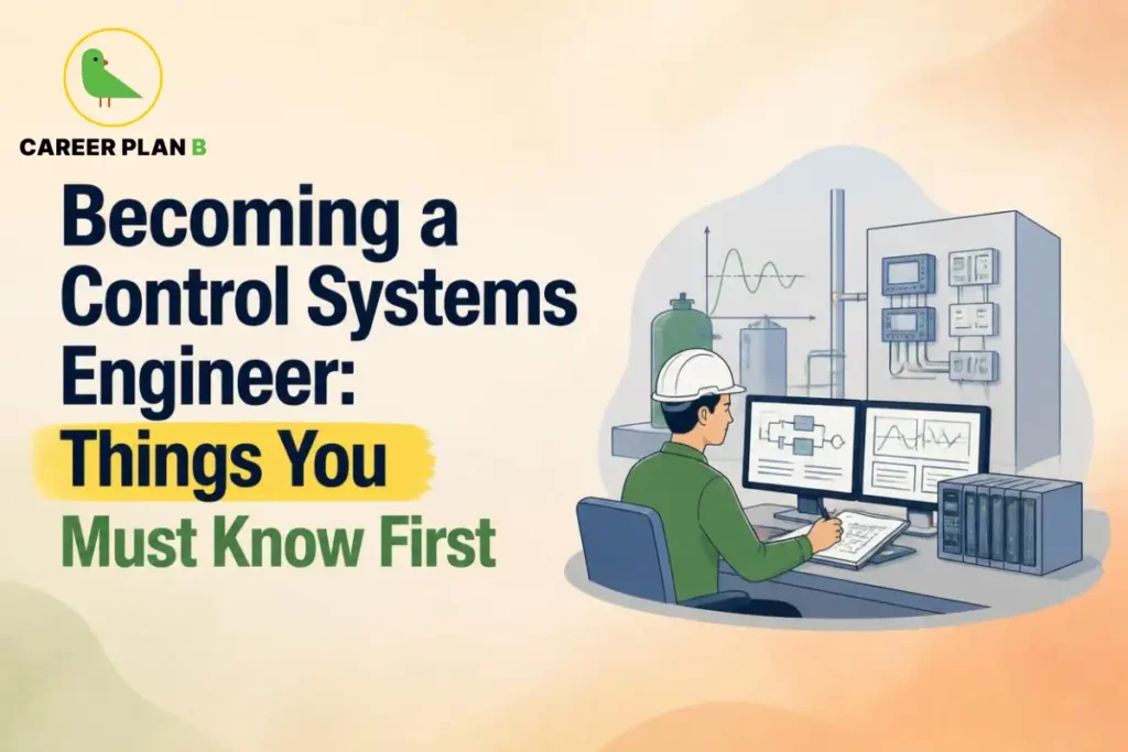 Control systems engineer working with industrial control monitors and automation equipment, with Career Plan B branding.