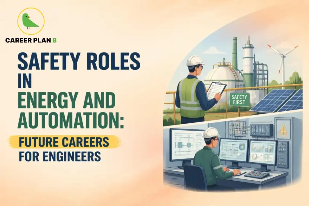 Engineers monitoring industrial and renewable energy systems for safety roles in energy and automation, with Career Plan B branding.