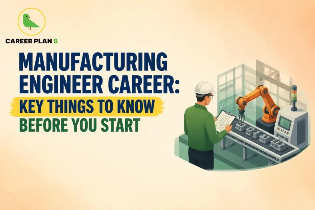 Manufacturing engineer reviewing production plans beside an automated robotic assembly line.