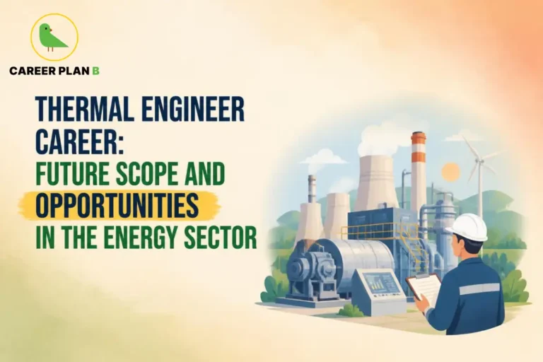Thermal engineer inspecting energy systems at a power plant with cooling towers and a wind turbine.