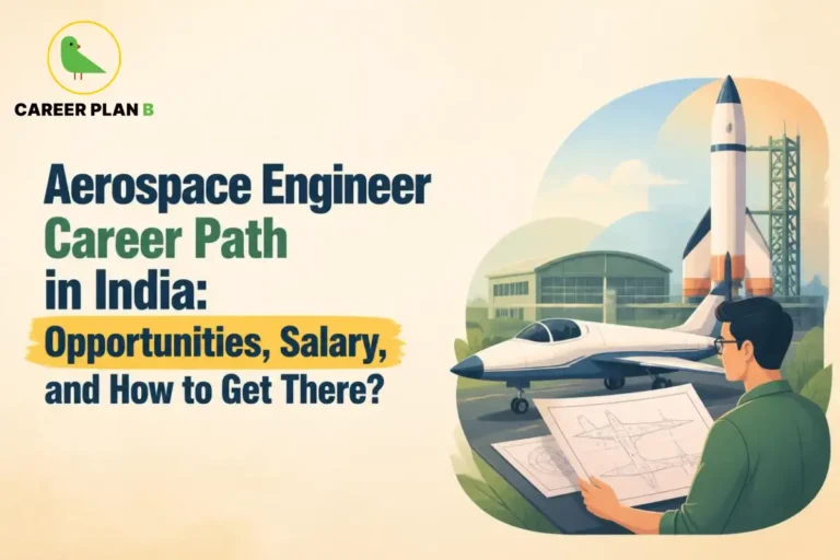 Aerospace Engineer Career Path in India featuring an engineer reviewing aircraft designs beside a jet and rocket.