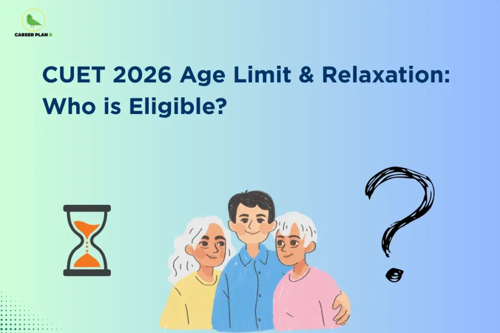 Illustration explaining the CUET 2026 age limit and eligibility, featuring students of different ages, an hourglass, and a question mark representing age relaxation and admission rules.