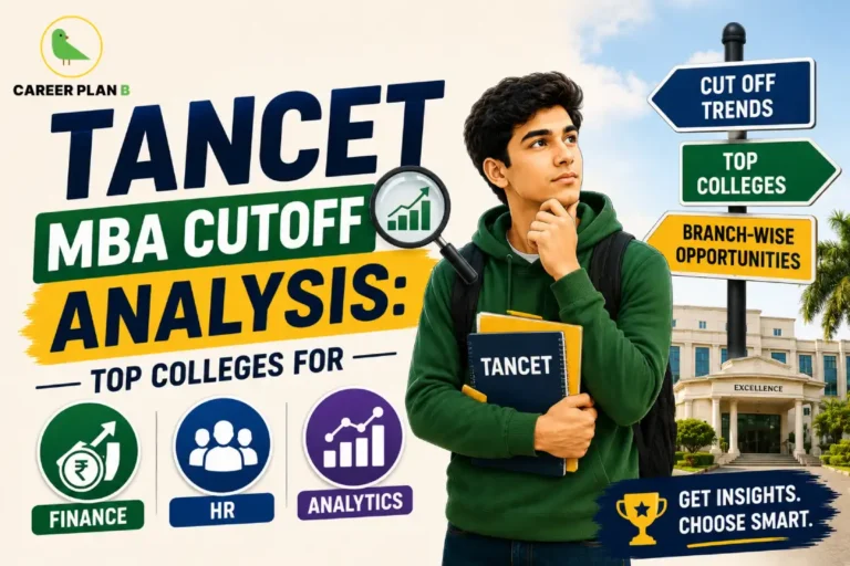 Career Plan B infographic on TANCET MBA cutoff analysis showing cut-off trends, top colleges, branch-wise opportunities, and MBA specialisations in Finance, HR, and Analytics.