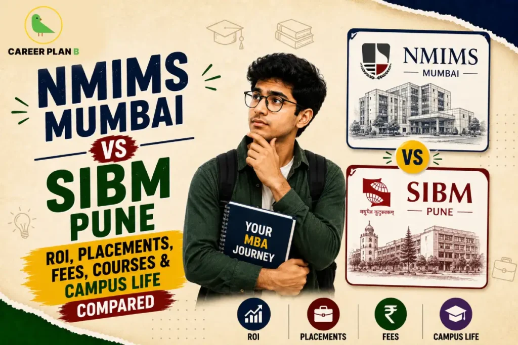 Career Plan B infographic comparing NMIMS Mumbai and SIBM Pune on ROI, placements, fees, courses, and campus life.