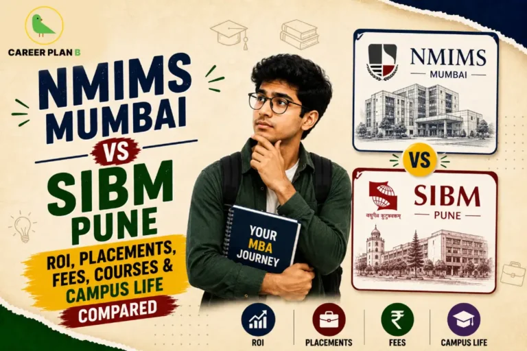 Career Plan B infographic comparing NMIMS Mumbai and SIBM Pune on ROI, placements, fees, courses, and campus life.