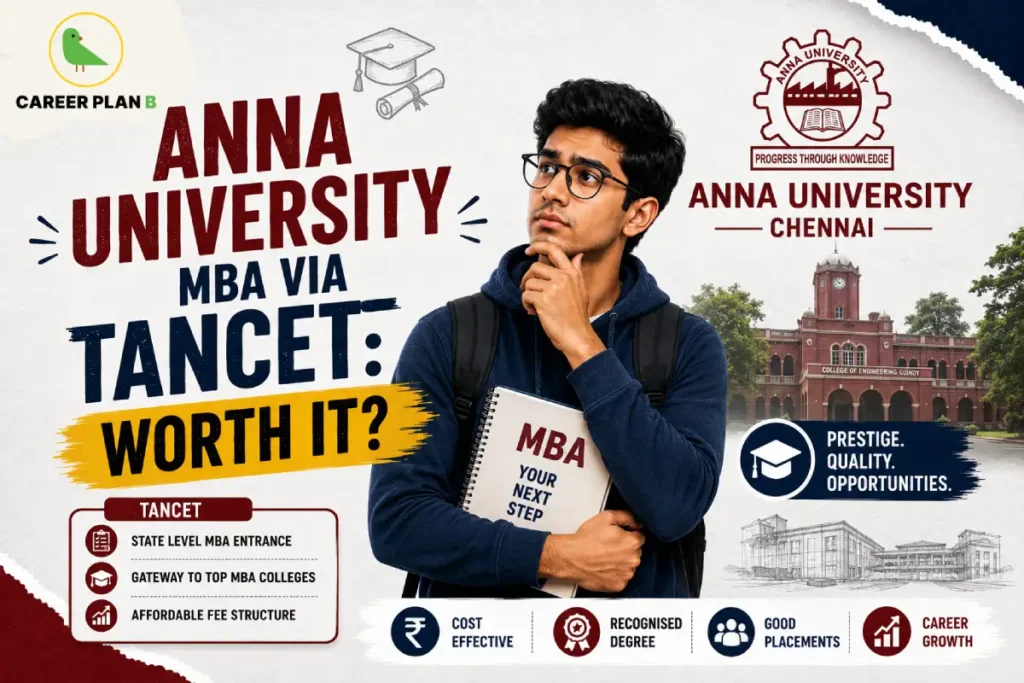 Career Plan B infographic titled "Anna University MBA via TANCET: Worth It?" featuring Anna University Chennai, a student, and highlights on TANCET admission, affordable fees, placements, ROI, and career opportunities.