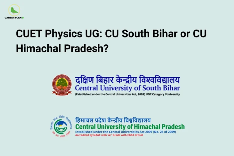 Comparison banner of CU South Bihar and CU Himachal Pradesh for CUET Physics UG, featuring both university logos to help students compare B.Sc. Physics programmes and admissions.