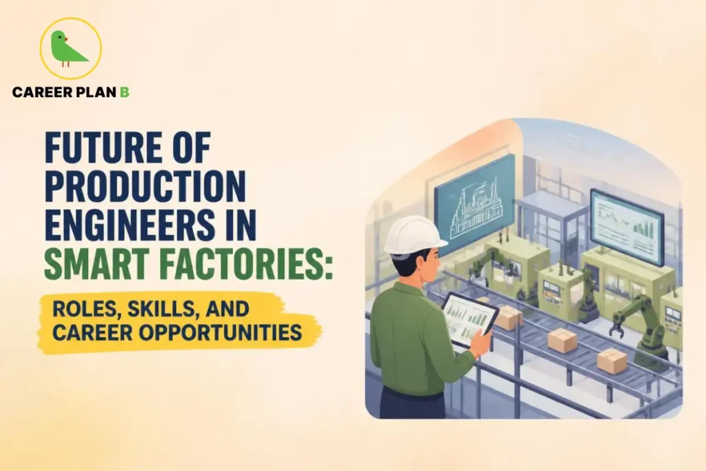Future of production engineers in smart factories with an engineer overseeing automated production lines, industrial robots, and digital manufacturing dashboards.