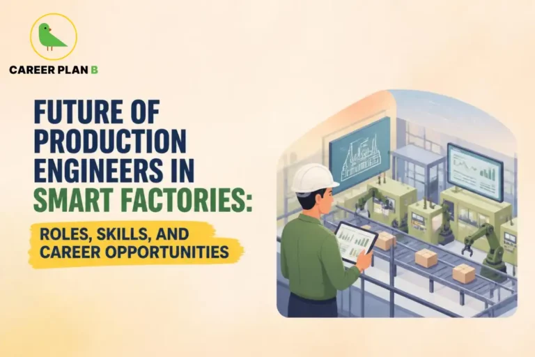 Future of production engineers in smart factories with an engineer overseeing automated production lines, industrial robots, and digital manufacturing dashboards.