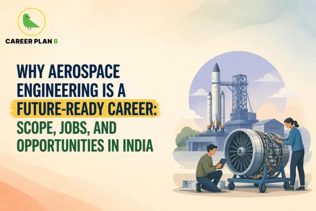 Why aerospace engineering is a future-ready career with engineers inspecting a jet engine beside rockets and a launch facility.