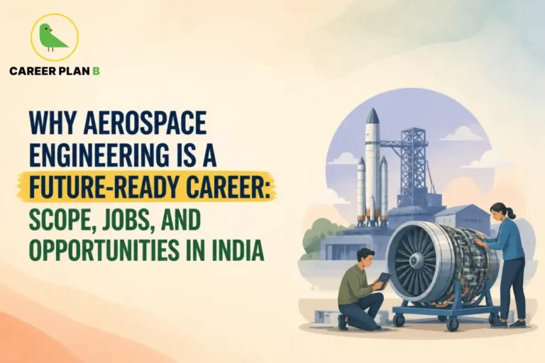 Why aerospace engineering is a future-ready career with engineers inspecting a jet engine beside rockets and a launch facility.