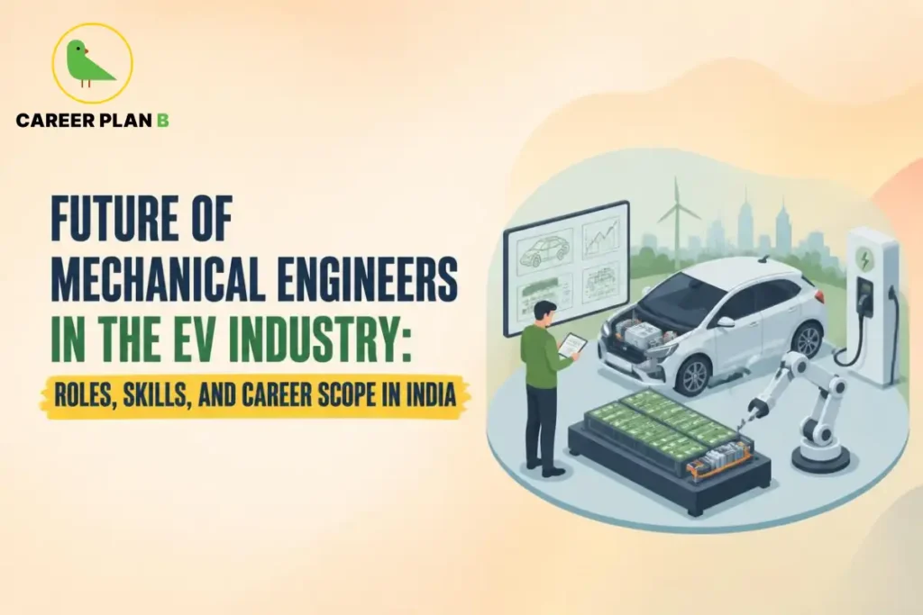 Future of mechanical engineers in the EV industry showing an engineer working on an electric vehicle, battery pack, robotic arm, and EV charging station.