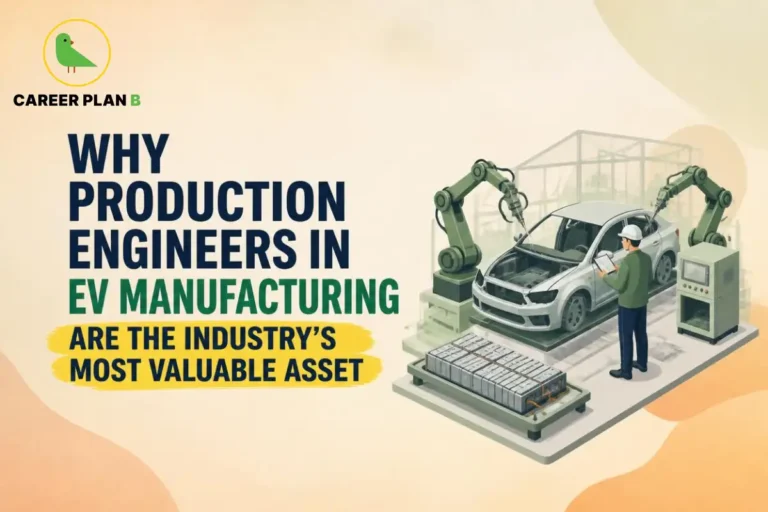 Production Engineers in EV Manufacturing inspecting an electric vehicle on an automated assembly line with robotic arms.