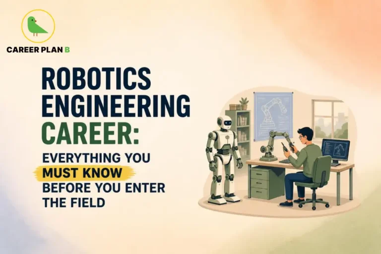 Robotics Engineering Career illustration showing a robotics engineer designing and programming industrial robots in a modern lab.
