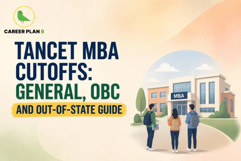Career Plan B logo with TANCET MBA cutoffs for General, OBC, and out-of-state guide beside MBA college illustration