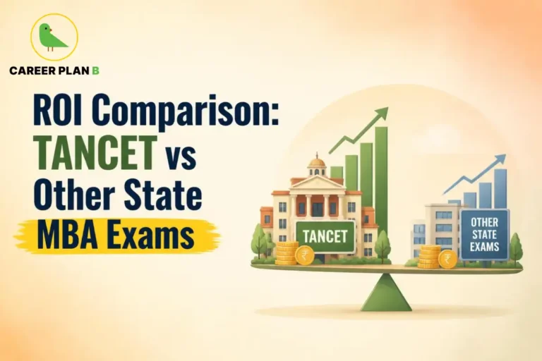 Career Plan B logo with ROI comparison between TANCET and other state MBA exams using balance scale illustration