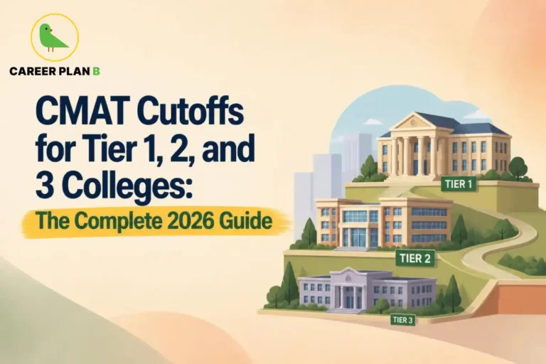 Career Plan B logo with CMAT cutoffs for Tier 1, Tier 2, and Tier 3 MBA colleges illustration